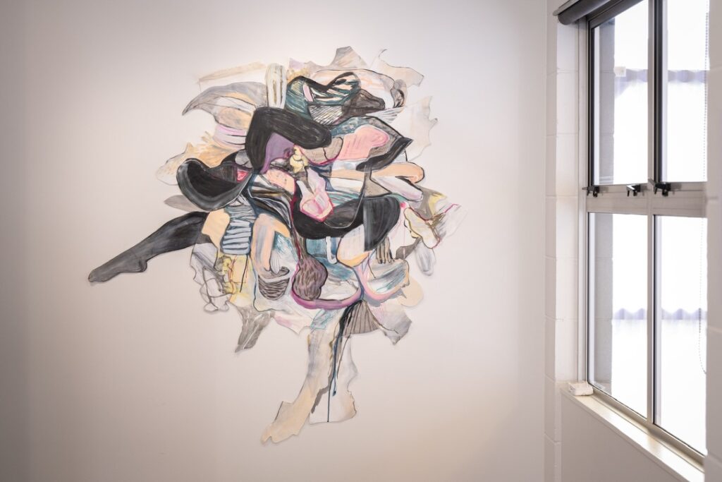 Finding a robust edge. Charcoal, gouache, acrylic, acrylic glue on primed canvas, 170cm x 136cm, 2024.