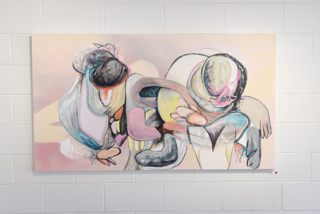 Symbiosis. Charcoal, housepaint, gouache, acrylic and oil on canvas 160cm x 90cm 2024. SOLD