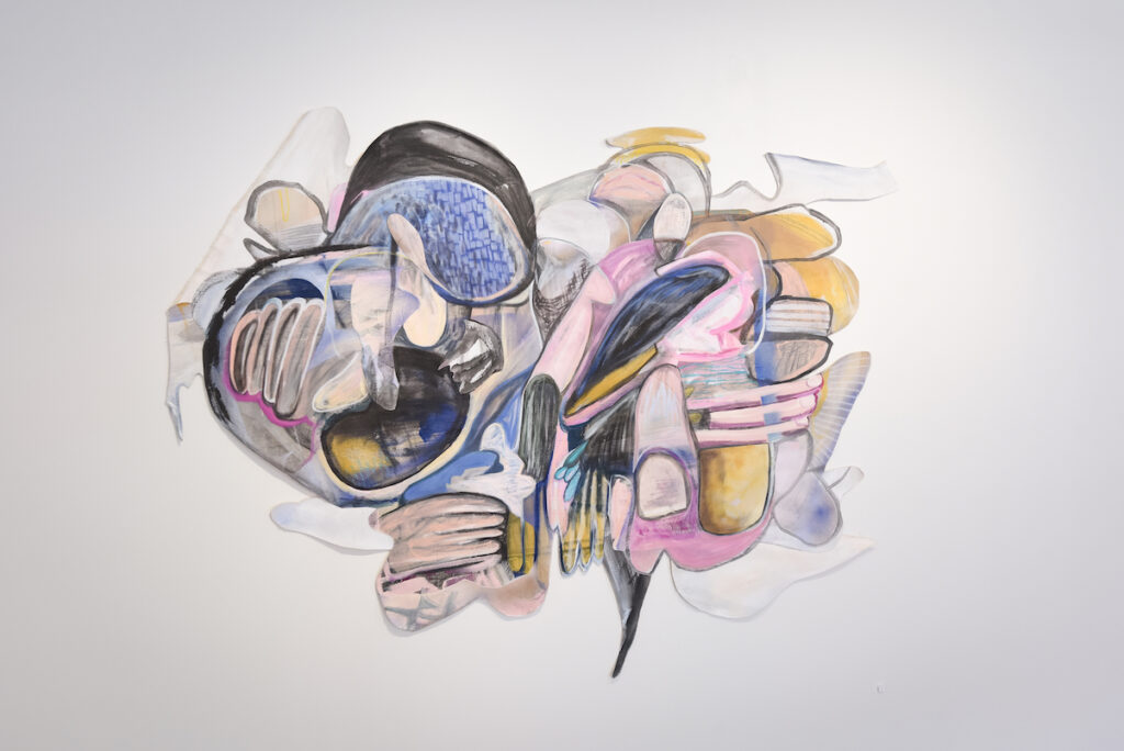 Sometimes things that come apart can be glued together. Charcoal, gouache, acrylic, acrylic glue, oil and oil stick on rabbit size soaked canvas, 135cm x 170cm, 2024.