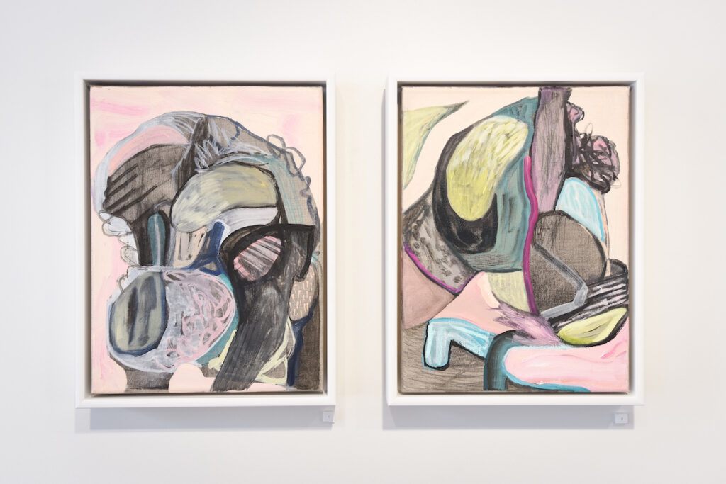 Mothercake Study #1 & #2. Charcoal, housepaint, gouache, acrylic and oil on linen 34cm x 44cm (framed) 2024.